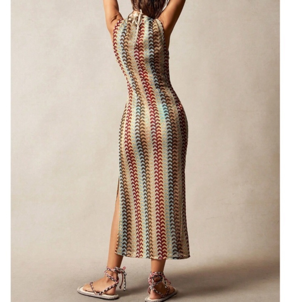 Boho Textured Color Block V neck Sleeveless Side Slit Dress - Picture 5 of 6